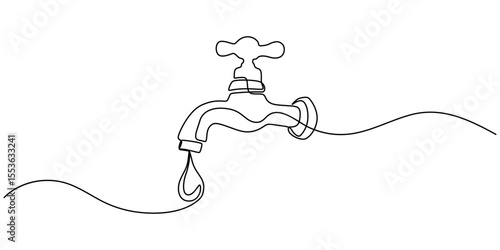 Water Tap continuous one line drawing minimalism design, Single line drawing of faucet with water drop, Water Shortage Continuous Line Editable Stroke Line, Black water tap with flowing water.