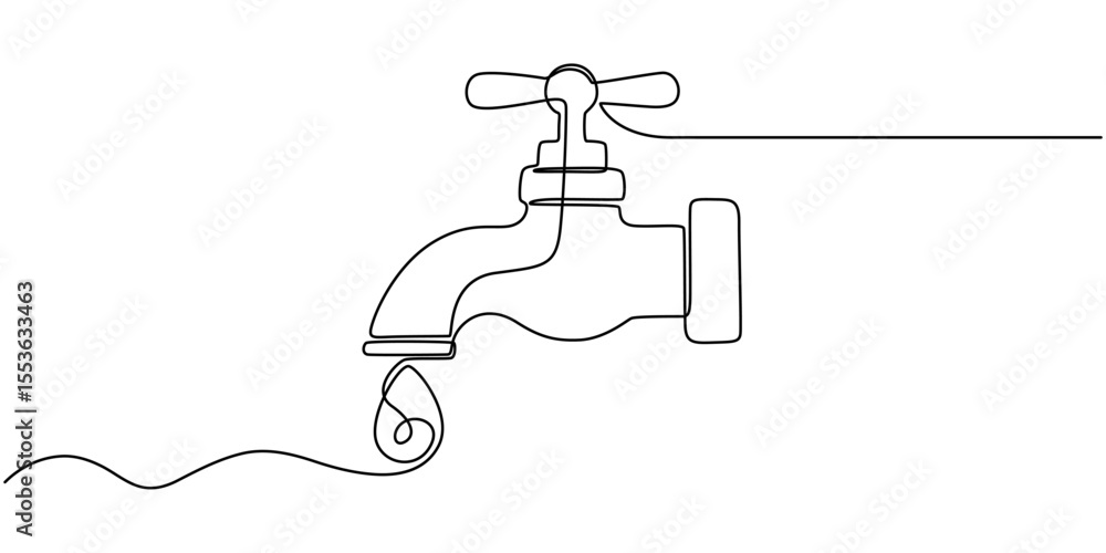 Obraz premium Water Tap continuous one line drawing minimalism design, Single line drawing of faucet with water drop, Water Shortage Continuous Line Editable Stroke Line, Black water tap with flowing water.