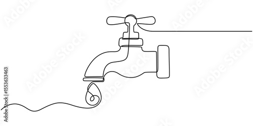 Water Tap continuous one line drawing minimalism design, Single line drawing of faucet with water drop, Water Shortage Continuous Line Editable Stroke Line, Black water tap with flowing water.