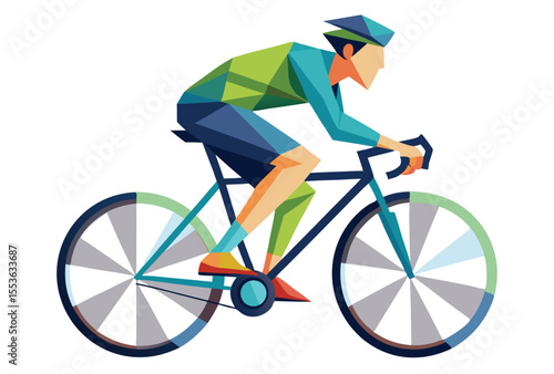 Low poly riding bike vector geometric style, polygonal riding cycling illustration clipart.