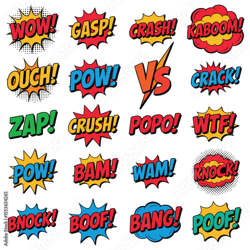 Comic Book Style Sound Effects Words Red Yellow Blue Green Cartoon Speech Bubbles