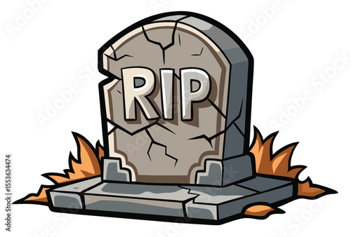 Cracked stone tombstone with RIP text spooky graveyard vector illustration.