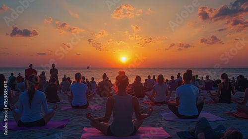 A sunrise yoga wellness festival on beach serene stretching poses