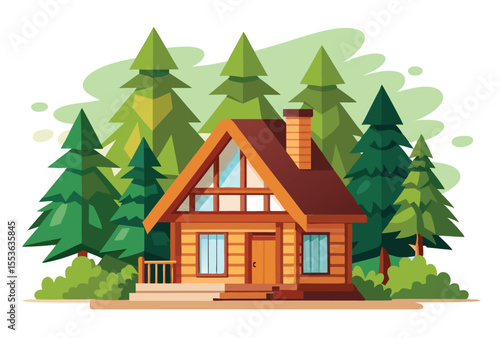 Wood house in forest vector elements, Forest house clipart nature scenery illustration.