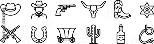 Vector Icon Set for Western Theme, Includes Cowboy, Gun, and Cactus Icons 