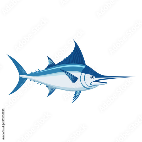 A vibrant blue marlin illustration isolated. The marlin features a long, pointed bill and a sleek body