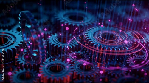 abstract visualization of industry 4.0, interconnected gears and digital data streams, converging lines, deep blue and purple palette, volumetric lighting, cybersecurity elements