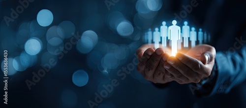 Hands holding a group of glowing people silhouettes