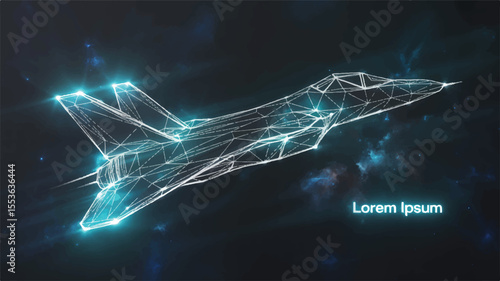 Digital Jet Fighter: A futuristic digital rendering showcases a sleek jet fighter, illuminated with a network of interconnected lines, soaring against a backdrop of the cosmos.