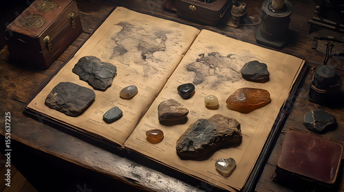 Fototapeta Naklejka Na Ścianę i Meble -  Mysterious antique book open on wooden table displaying various stones and minerals, creating a vintage explorer's study aesthetic.