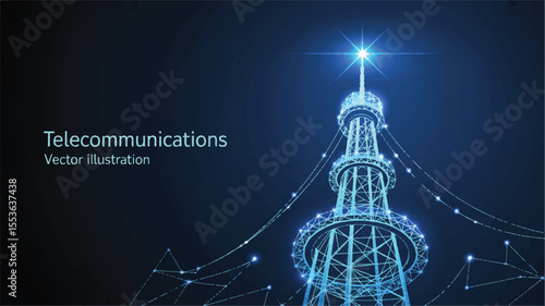 Telecommunication Tower: A low angle shows blue light from telecommunication tower with vector illustration style in the dark scene.