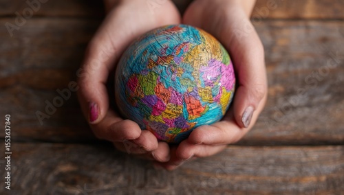 A child's hands gently hold a small, colorful globe