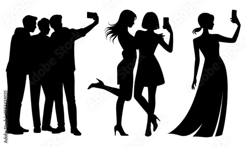 Silhouettes of people taking selfies