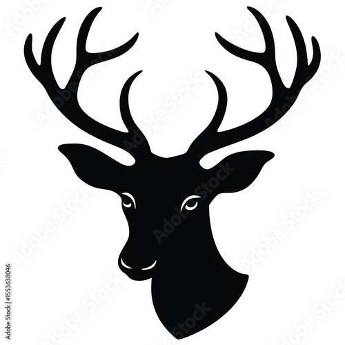 "Black silhouette of a deer head with extended neck and head turned slightly to the side, large detailed antlers, clean and simple vector style, solid black fill, no background"