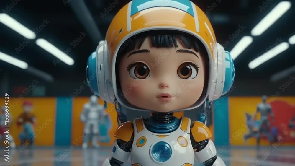 A futuristic scene featuring a cute astronaut doll in a vibrant indoor play area with other toys A futuristic scene featuring a cute astronaut doll in a vibrant indoor play area with other toys