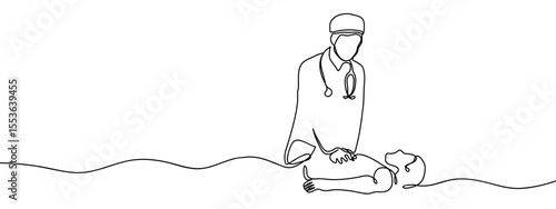 Continuous line, the doctor is demonstrating CPR. Minimal hand drawn line vector cut out background editable stroke.
