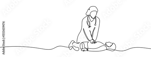 Continuous line, the doctor is demonstrating CPR. Minimal hand drawn line vector cut out background editable stroke.