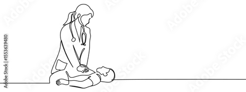 Continuous line, the doctor is demonstrating CPR. Minimal hand drawn line vector cut out background editable stroke.