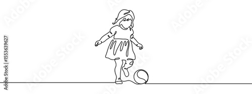 Continuous line. Girl is kicking a football. Minimal hand drawn line vector cut out background editable stroke.