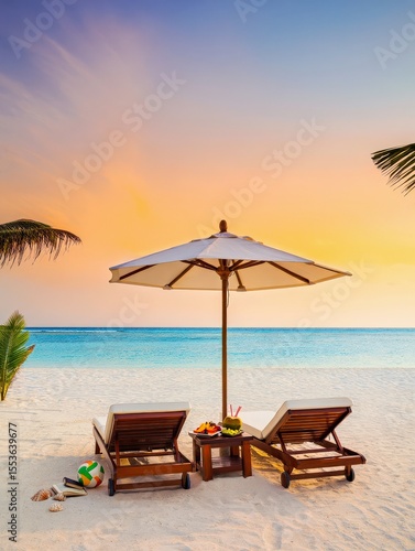 Wallpaper Mural Two wooden lounge chairs under an umbrella sit on a white sand beach, facing a tranquil turquoise ocean. A side table holds fresh fruits and cocktails. Summertime serene relaxation concept Torontodigital.ca