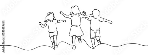 Continuous line, group of people, group of boys and girls are running and playing. Minimal hand drawn line vector cut out background editable stroke.