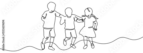 Continuous line, group of people, group of boys and girls are running and playing. Minimal hand drawn line vector cut out background editable stroke.
