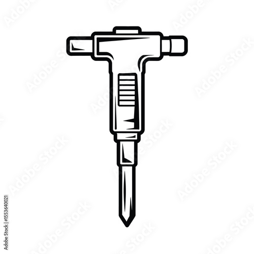Black and white illustration of a jackhammer tool with a pointed bit