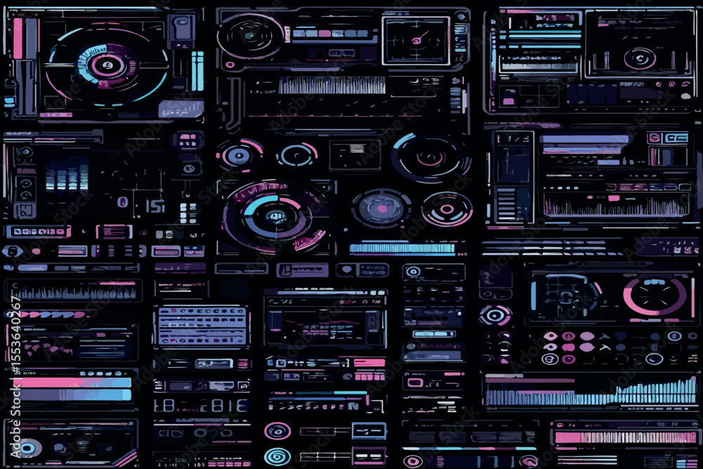 Fototapeta premium Futuristic Cyberpunk HUD UI Vector Set Glitch Effects & Japanese Translations .