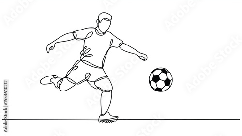Continuous line drawing of a soccer player kicking a ball on a white background