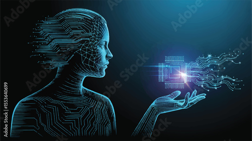 AI Innovation Humanoid Robot Presenting Glowing Semiconductor