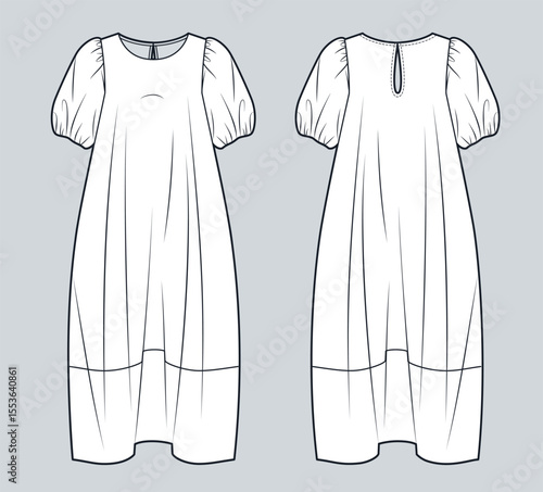 Puff Sleeve long Dress technical fashion illustration. Boho Dress fashion flat technical drawing template, loose fit, front and back view, white, women Dress CAD mockup.