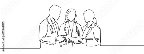 Continuous line, group of people, group of doctors talking together, medical personnel Minimal hand drawn line vector cut out background editable stroke.