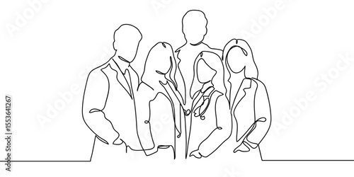 Continuous line, group of people, group of doctors standing in line, medical personnel Minimal hand drawn line vector cut out background editable stroke.