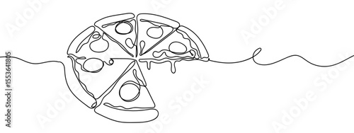 Continuous line, big pizza with stretchy cheese and pepperoni, food illustration Minimal hand drawn line vector cut out background editable stroke.