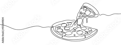 Continuous line, big pizza with stretchy cheese and pepperoni, food illustration Minimal hand drawn line vector cut out background editable stroke.
