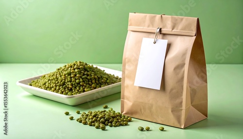 Kraft Paper Bag Mockup With Blank Tag Beside Mung Bean Snacks on Green Surface