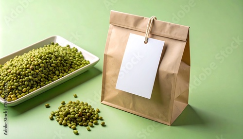 Kraft Paper Bag Mockup With Blank Tag And Tray of Green Mung Bean Snacks