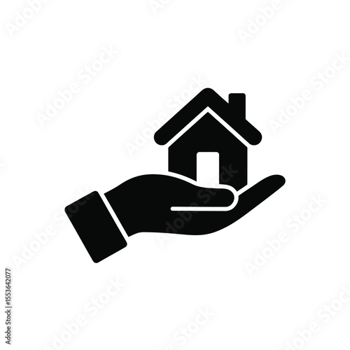 Black silhouette of a hand holding a stylized house icon on a white background