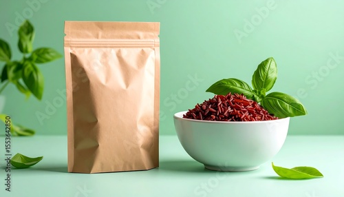 Kraft Paper Pouch Mockup Next To A Ceramic Bowl Of Cooked Red Rice And Fresh Basil Leaves