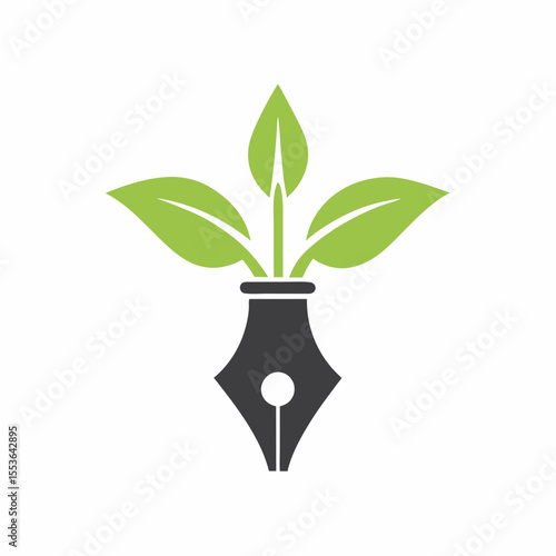Canvas Print Eco Writing Logo with Pen Nib and Green Leaves Vector.