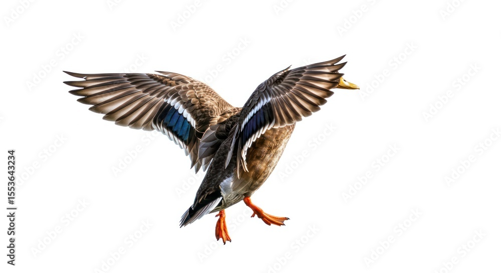 Obraz premium Flying Mallard Duck with Spread Wings in Bright White Background