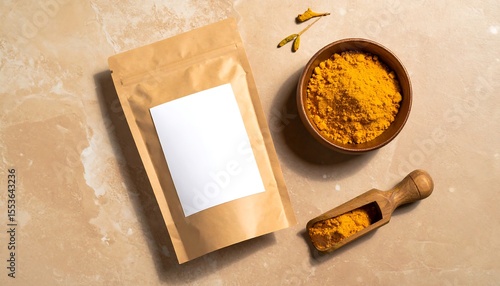 Kraft Paper Sachet Mockup with Blank Label Bowl and Wooden Scoop on Brown Surface