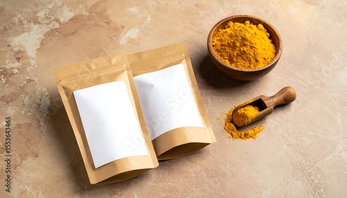 Kraft Paper Sachet Mockup with Turmeric Powder Bowl and Wooden Scoop on a Brown Surface