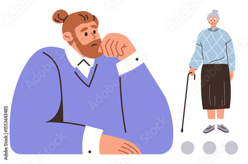 Young man rests head on hand deep in thought elderly woman stands with cane. Ideal for aging, caregiving, empathy, reflection, intergenerational connection, relationships, understanding. Simple flat