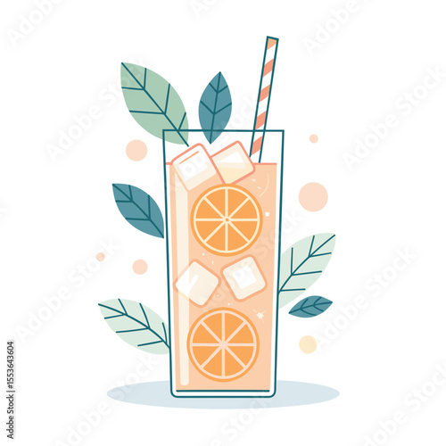 Refreshing citrus drink with ice and straw surrounded by leaves  