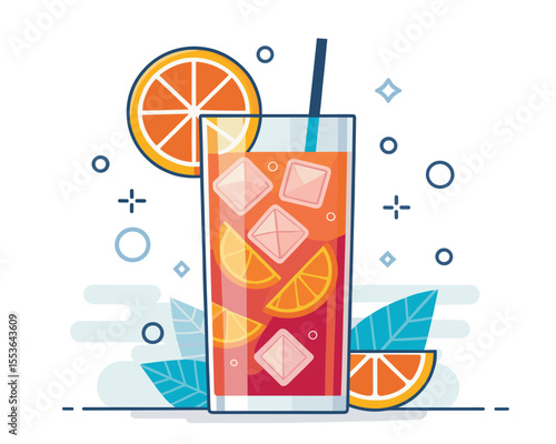 Refreshing orange drink with ice cubes and citrus slices  