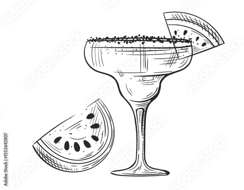 Margarita cocktail with watermelon hand drawn isolated on white background. Vintage sketch of alcoholic drink glass. Party cocktail. Vector illustration