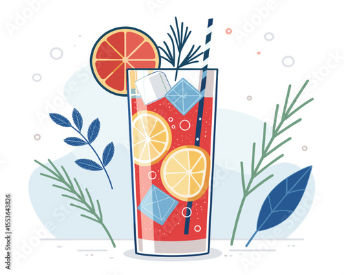Refreshing fruit cocktail with ice and herbs in illustrated style  