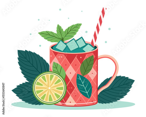 Refreshing mint lemonade in decorative mug with lime and mint leaves  