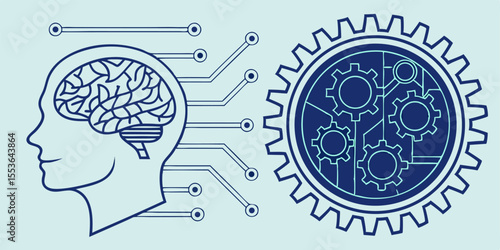 Human head profile featuring a brain with circuit connections, alongside gears, ideal for themes related to artificial intelligence.